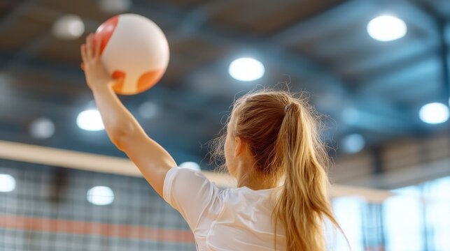A female volleyball player with a ponytail preparing to serve in an indoor court setting, emphasizing focus, athleticism, and the dynamic nature of the sport.