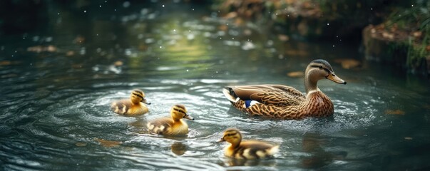 A family of ducks swimming on a pond, with ripples following them