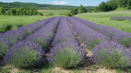 Obraz premium A field of lavender in bloom, with rows of purple stretching into the distance