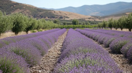 A field of lavender in bloom, with rows of purple stretching into the distance