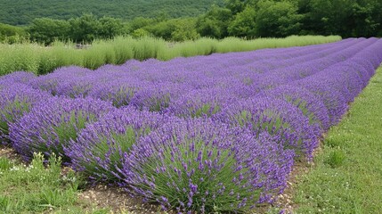 Obraz premium A field of lavender in bloom, with rows of purple stretching into the distance
