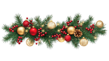 Festive Christmas and New Year Arrangement with Pine Branches, Red Berries, and Golden Baubles for Seasonal Decorations and Holiday Celebrations.
