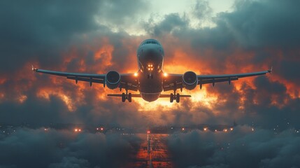 Fototapeta premium Airplane Landing with Dramatic Sky