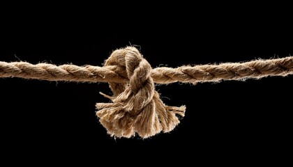 Close-up of a frayed knot in a thick rope against a stark black background.