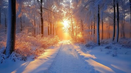 A forest covered in a fresh blanket of snow, with quiet winter stillness