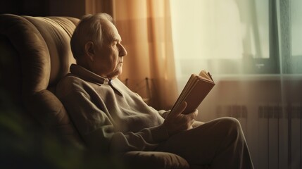 Contemplative Senior Man Reading Book in Cozy Armchair, Embodying Brain Aging Concept