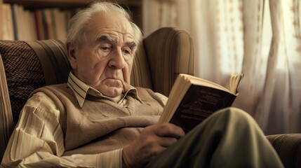 Contemplative Senior Man Reading Book in Cozy Armchair, Embodying Brain Aging Concept