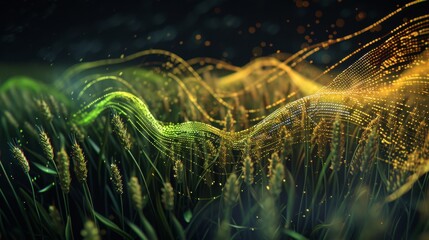 A vibrant flow of green and yellow digital lines moves over a field of wheat, symbolizing the integration of technology with agriculture for future growth. AI generated.