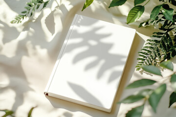Photo of a minimalist blank journal on an elegant white table with sun rays and shadows. Top View of personal planner  Mockup paper notebook design.