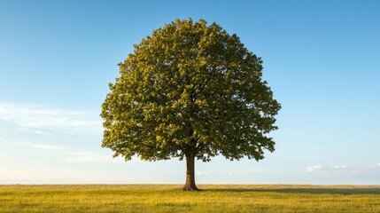 Lonely green tree standing in an open field under a clear blue sky.