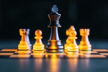 Organization structure and mission, A dramatic close-up of a chessboard with illuminated pieces, featuring a prominent black king surrounded by glowing pawns and rooks.