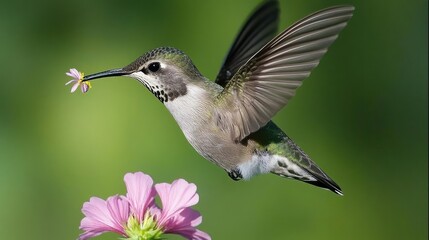 Fototapeta premium A hummingbird drinking nectar from a flower, hovering in mid-air