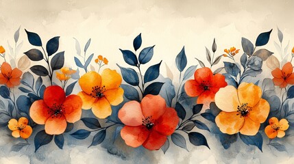 A vibrant watercolor floral arrangement featuring orange, yellow, and red flowers with leaves.