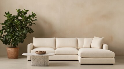 Stylish corner area featuring a low-profile sofa minimalist living room interior design modern aesthetic warm neutral tones