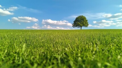 Isolated tree on a lush green field under a clear blue sky.