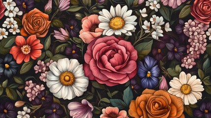 An intricate floral pattern on a piece of fabric, featuring a variety of flowers such as roses, daisies, and violets.