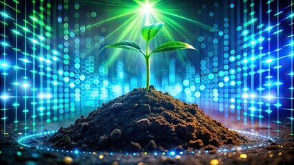 Seedling Sprouting from Neon Green Digital Soil with Code Elements - Futuristic Growth Concept for Technology and Nature Integration