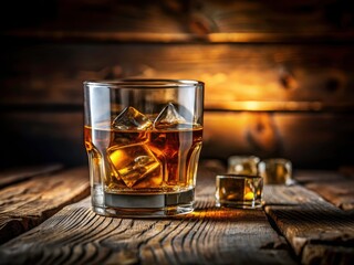 Top View Whiskey Glass on Wood, Dark Background - Spirits Photography, Alcohol Drink Image