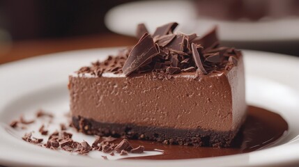 Create a close-up shot of a chocolate cheesecake with a crumbly crust and creamy chocolate filling.