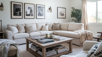 Create a cozy family living room with a large sectional sofa, a coffee table stacked with magazines