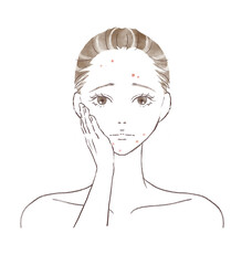 ニキビに悩み頬に片手を添えている水彩風女性