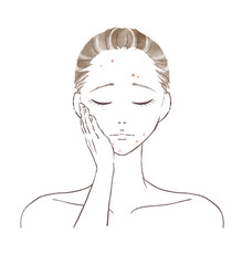 ニキビに悩み目を瞑り頬に片手を添えている水彩風女性