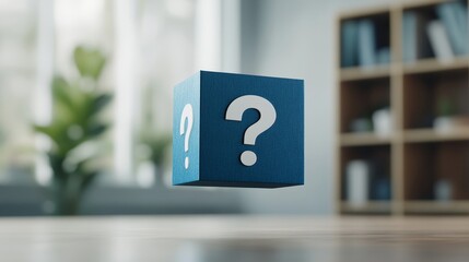 Floating Question Mark Cube in Modern Interior Space
