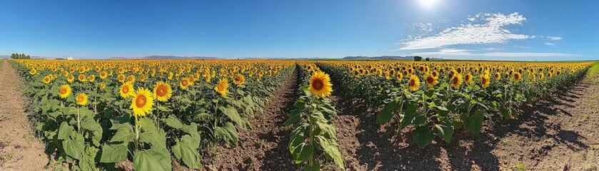 Obraz premium A sunflower field in full bloom, with a bright blue sky overhead
