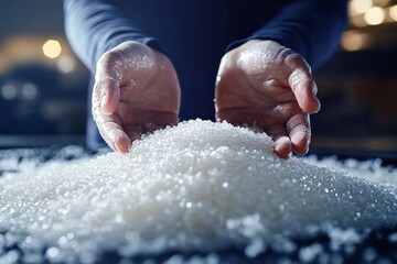 Fototapeta premium Hands Pouring Sea Salt on Mound Close Up High Contrast Moody Background