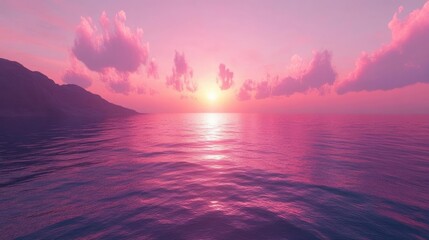 A sunset over a calm ocean, with the sky painted in pinks and purples