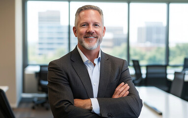 Fototapeta premium Confident male professional in business attire smiling in office setting. He exudes professionalism and approachability, with modern corporate background