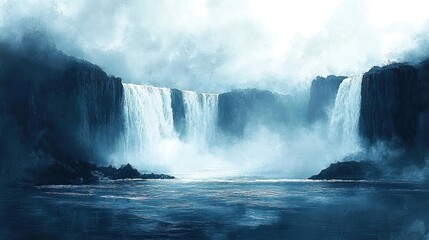 Fototapeta premium A waterfall plunging into a deep pool, with mist rising from the water
