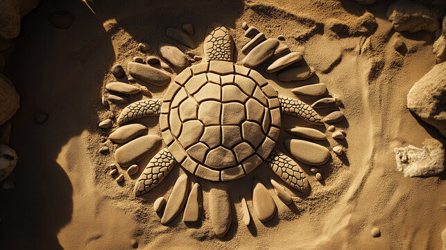 Outline of a turtle in sand, with small rocks forming the shell pattern - Unique and beach-inspired, bright daylight