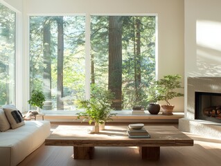Cozy living room with rustic coffee table surrounded by nature interior design bright environment tranquil concept for relaxation