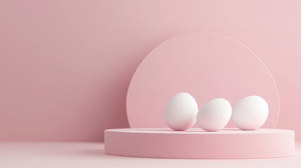 Fototapeta premium Three White Eggs Resting on a Pink Platform
