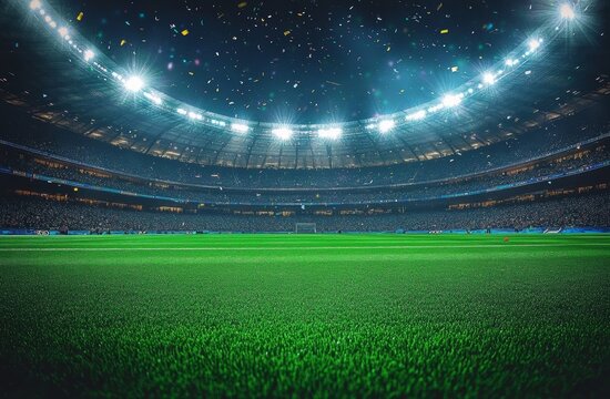 Spectators Anticipating Night Match in Grand Stadium with Green Grass Field and Vibrant Lights