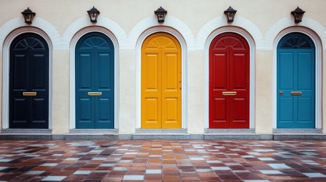 Colorful Doors in a Row: Multiple doors of different colors and styles, symbolizing diversity in paths and choices.