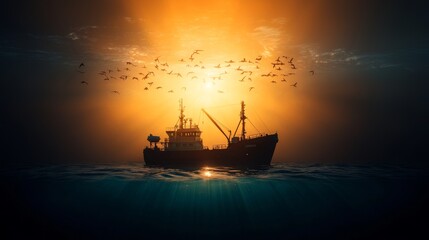 Fototapeta premium Fishing vessel navigating an ocean sunset marine ecosystem seascape tranquil waters environmental conservation concept