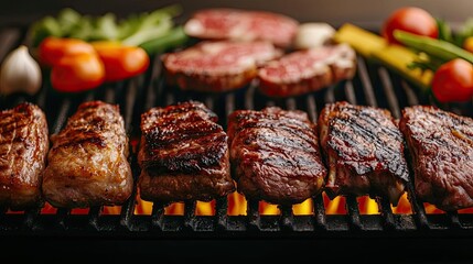 Grilled steak with fresh vegetables on a barbecue grill.