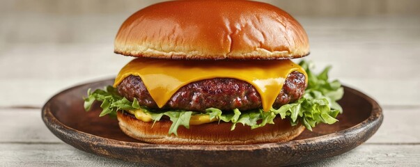 Juicy cheeseburger with lettuce, served on a wooden plate. White isolate background.
