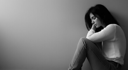 Woman in Distress: Embracing Knees against Bare Wall, Exuding Anxiety and Solitude.