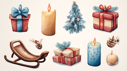 A nostalgic 3D watercolor Christmas icon set of 15 designs, showcasing a vintage sled, a retro gift box, and frosty candles, with muted tones and classic textures. 