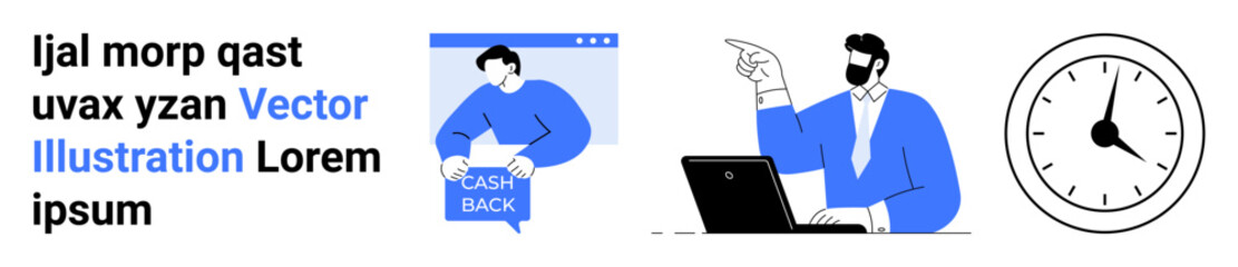 Businessman at laptop pointing at cashback notification, large clock face. Ideal for business, finance, productivity, time management, online services, customer engagement, digital marketing. Landing