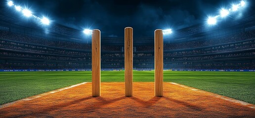 Cricket Stadium at Night with Illuminated Wicket and Empty Field for Professional Sports Advertisement