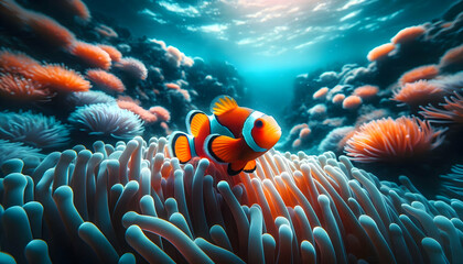 Underwater A solo clownfish swims alone, navigating the delicate tentacles of a sea anemone, isolated in a ser2
