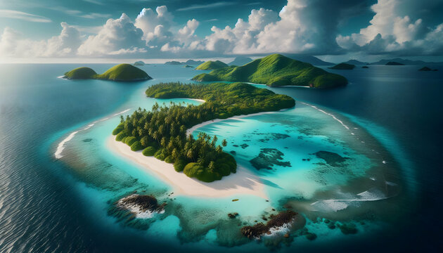 Underwater A secluded island with lush greenery, white sandy beaches, and turquoise waters, epitomizing oceanic blis