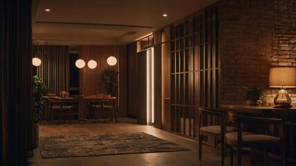 Cozy interior of a modern dining area with warm lighting and elegant decor in the evening