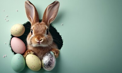 Cute Brown Rabbit Peeking Through a Hole Surrounded by Colorful Easter Eggs on Light Green Background