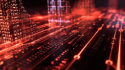 Obraz premium A futuristic digital circuitry with glowing red lines, symbolizing data flow and high-tech infrastructure. The vivid color adds an intense technological feel. AI generated.