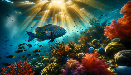Fototapeta premium Underwater A fish swimming alongside colorful coral with golden rays streaming through the ocean surface4